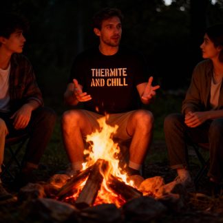 Man sitting in front of campfire wearing a black t-shirt with white text that says thermite and chill